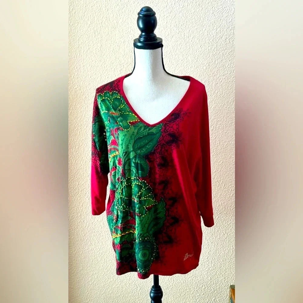 Vintage luxury desigual large green & red top grandma indie core Christmas - Picture 2 of 6
